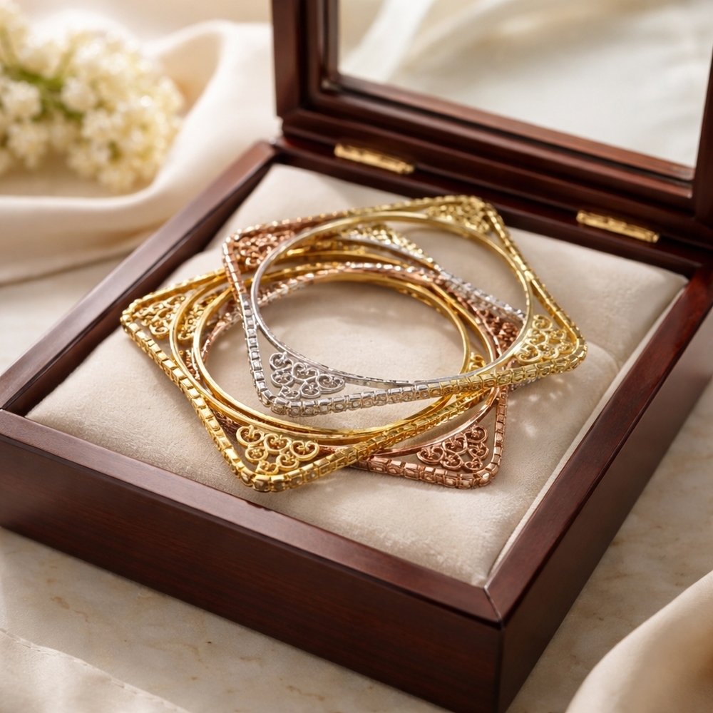Intricate Gold, Rose Gold and Silver Filigree Square Bangles